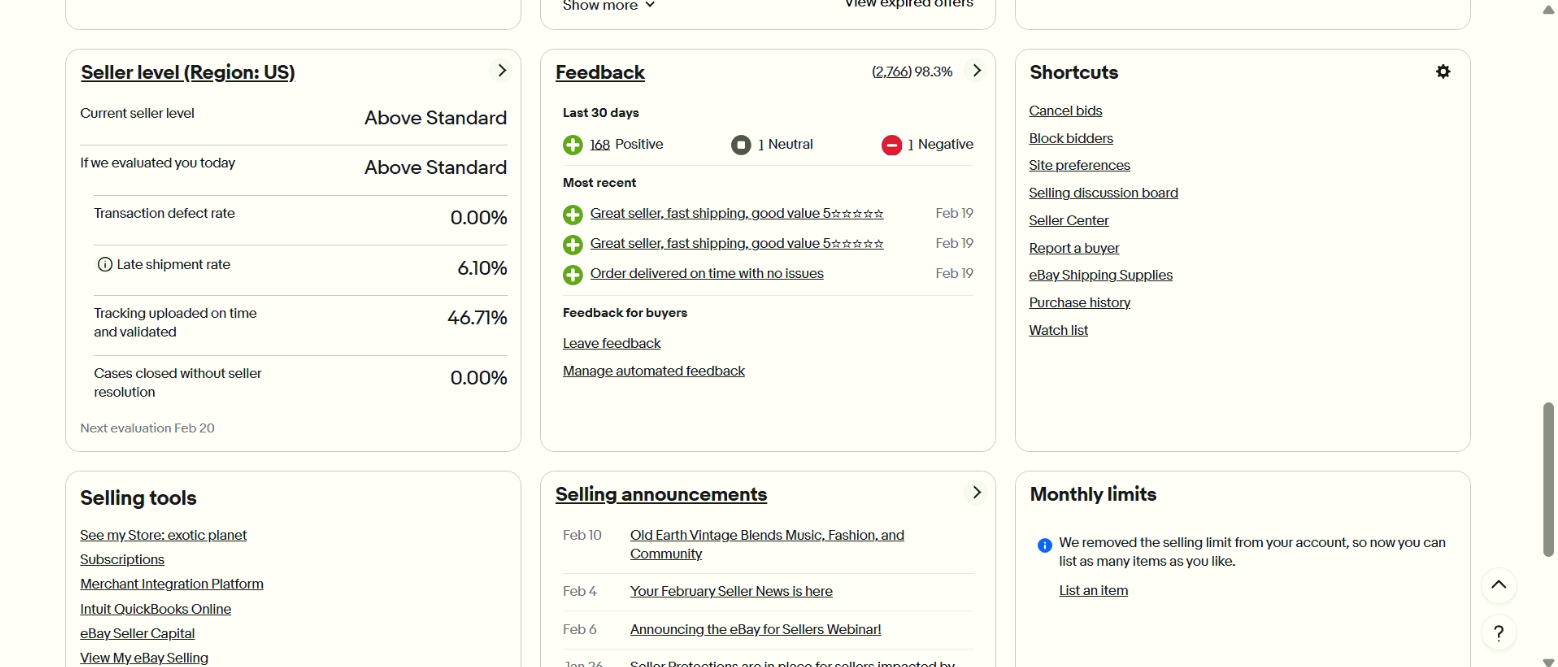 eBay Seller Hub before — 46.71% tracking, Above Standard
